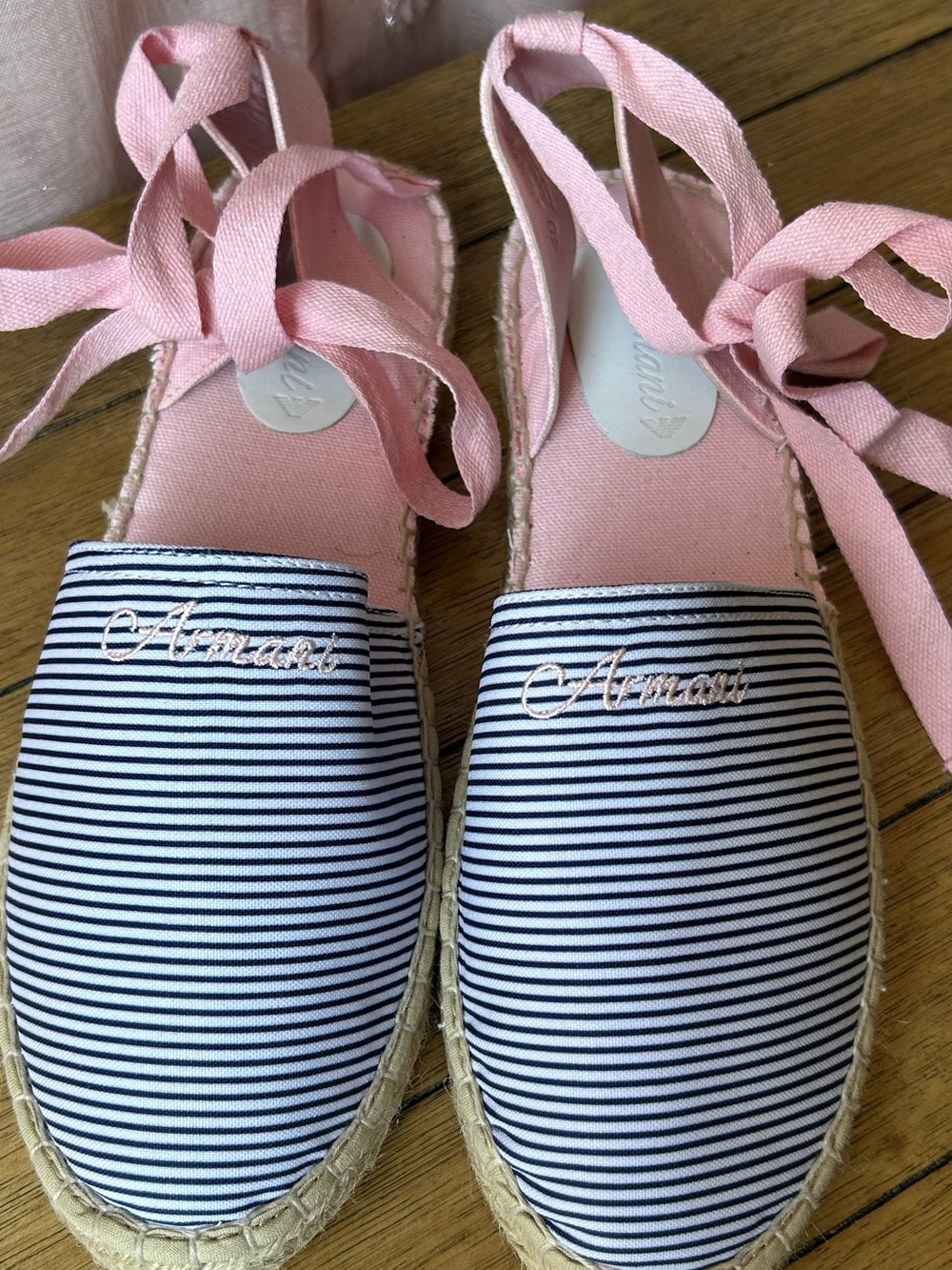 Espadrilles Armani Pink and blue Canvas striped with pink Ribbon Tie